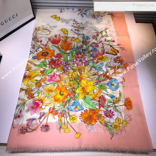 Gucci Cashmere Flora Print Scarf 100x200cm Pink 2019 (HONGX-9112239)
