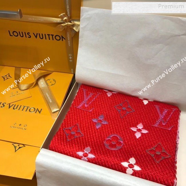 Louis Vuitton Logomania Rainbow Wool Silk Monogram Flower Scarf 176x30cm Red 2019 (WNS-9112240)