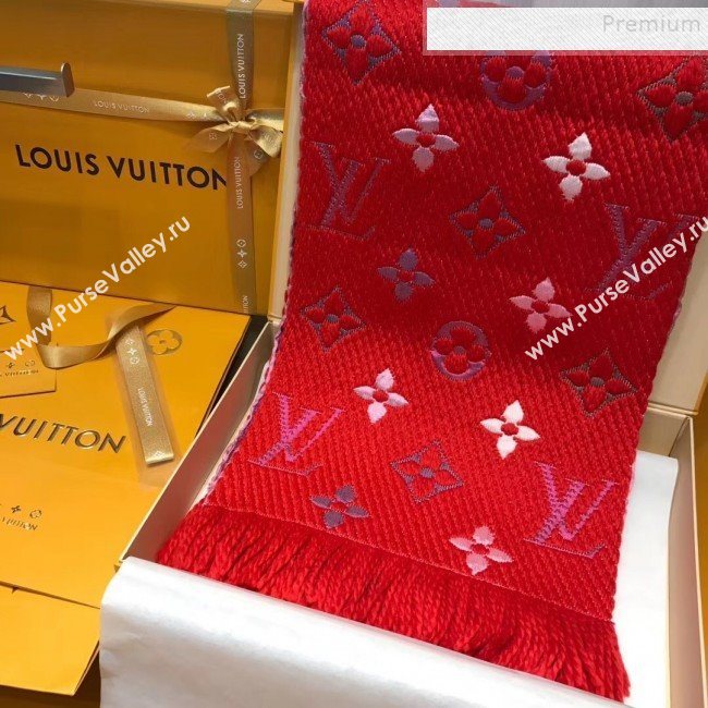 Louis Vuitton Logomania Rainbow Wool Silk Monogram Flower Scarf 176x30cm Red 2019 (WNS-9112240)
