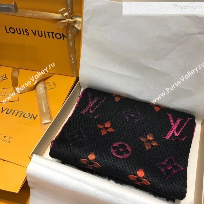 Louis Vuitton Logomania Rainbow Wool Silk Monogram Flower Scarf 176x30cm Black 01 2019 (WNS-9112242)