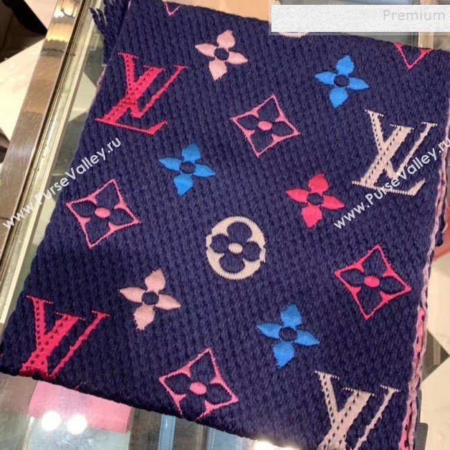 Louis Vuitton Logomania Rainbow Wool Silk Monogram Flower Scarf 168x30cm Blue 2019 (WNS-9112245)