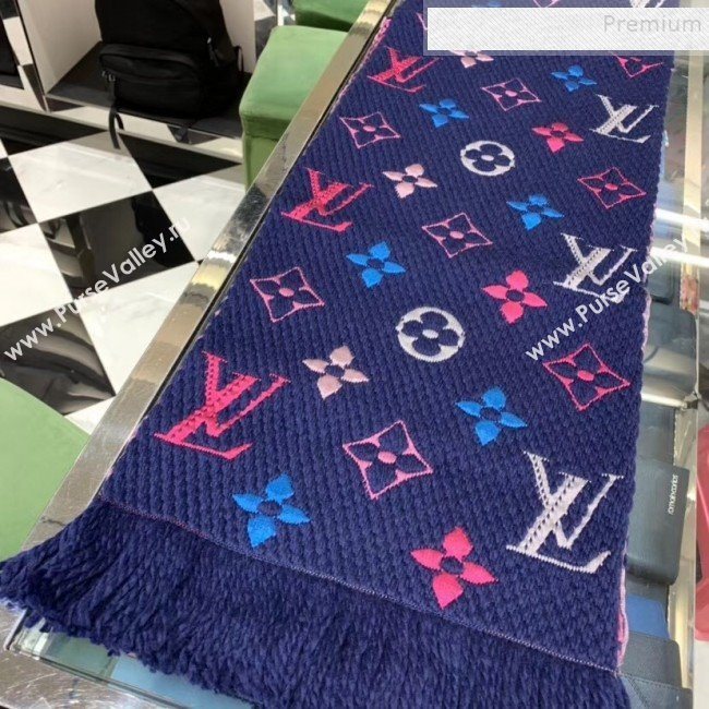 Louis Vuitton Logomania Rainbow Wool Silk Monogram Flower Scarf 168x30cm Blue 2019 (WNS-9112245)