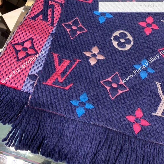 Louis Vuitton Logomania Rainbow Wool Silk Monogram Flower Scarf 168x30cm Blue 2019 (WNS-9112245)