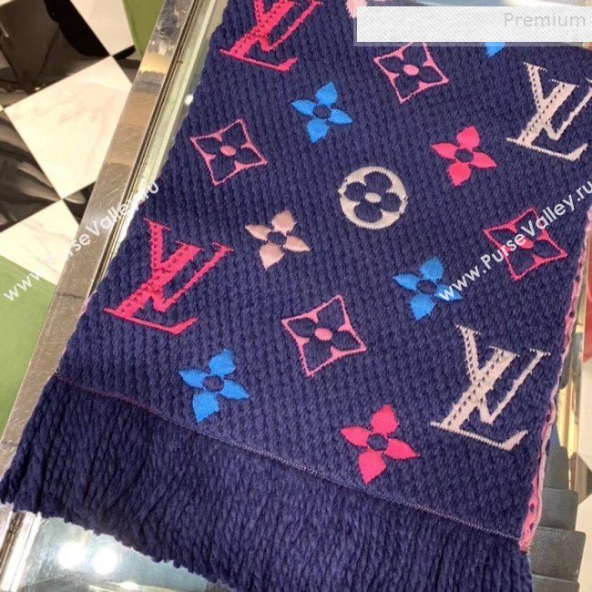 Louis Vuitton Logomania Rainbow Wool Silk Monogram Flower Scarf 168x30cm Blue 2019 (WNS-9112245)