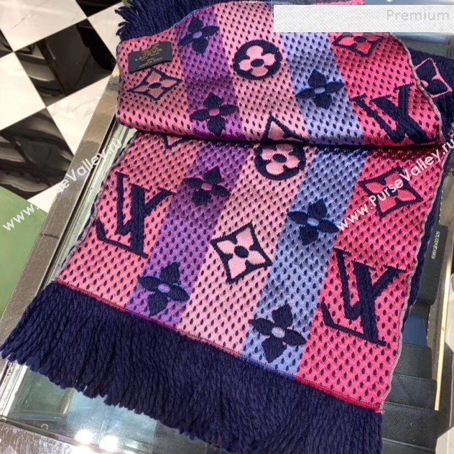 Louis Vuitton Logomania Rainbow Wool Silk Monogram Flower Scarf 168x30cm Blue 2019 (WNS-9112245)