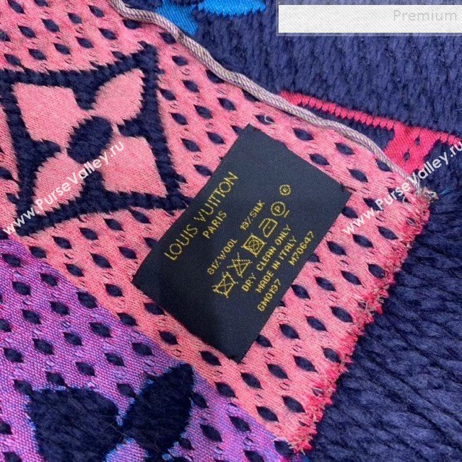 Louis Vuitton Logomania Rainbow Wool Silk Monogram Flower Scarf 168x30cm Blue 2019 (WNS-9112245)