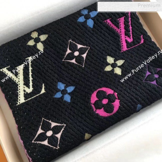 Louis Vuitton Logomania Rainbow Wool Silk Monogram Flower Scarf 176x30cm Black 02 2019 (WNS-9112243)