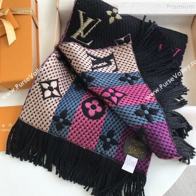 Louis Vuitton Logomania Rainbow Wool Silk Monogram Flower Scarf 176x30cm Black 02 2019 (WNS-9112243)