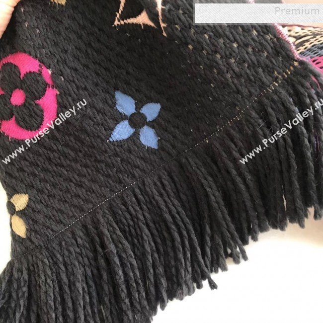 Louis Vuitton Logomania Rainbow Wool Silk Monogram Flower Scarf 176x30cm Black 02 2019 (WNS-9112243)