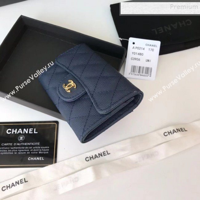 Chanel Grained Leather Classic Card Holder AP0214 Navy Blue 2019 (JIYUAN -9112312)