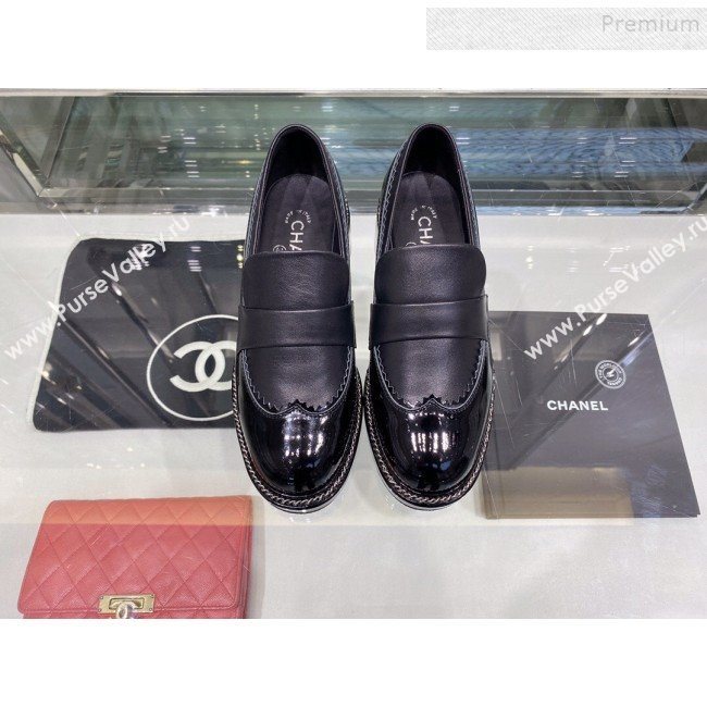 Chanel Calfskin and Patent Leather Chain Lace-Ups Loafers G35317 Black 2019 (XO-9112801)