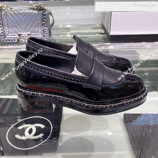 Chanel Calfskin and Patent Leather Chain Lace-Ups Loafers G35317 Black 2019 (XO-9112801)
