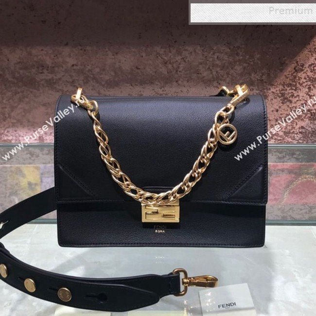 Fendi Kan U Medium Calfskin Flap Bag Black/Gold 2019  (AFEI-9112630)