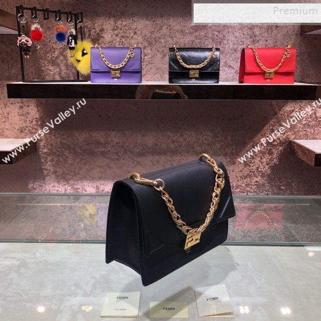 Fendi Kan U Medium Calfskin Flap Bag Black/Gold 2019  (AFEI-9112630)