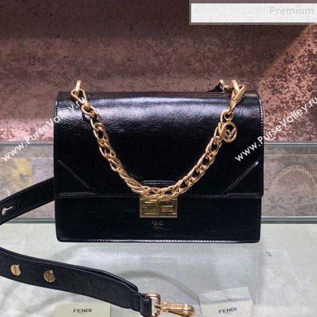 Fendi Kan U Medium Waxed Leather Flap Bag Black/Gold 2019  (AFEI-9112633)