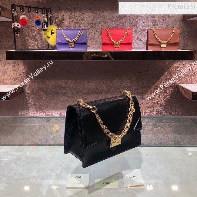 Fendi Kan U Medium Waxed Leather Flap Bag Black/Gold 2019  (AFEI-9112633)