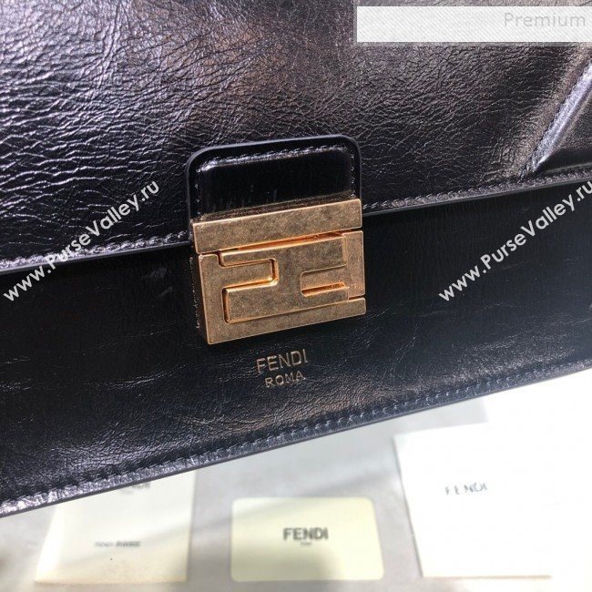 Fendi Kan U Medium Waxed Leather Flap Bag Black/Gold 2019  (AFEI-9112633)