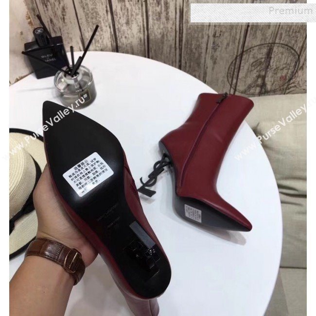 Saint Laurent Calfskin YSL Logo High-Heel Short Boots Burgundy 2019 (LUZI-9092945)