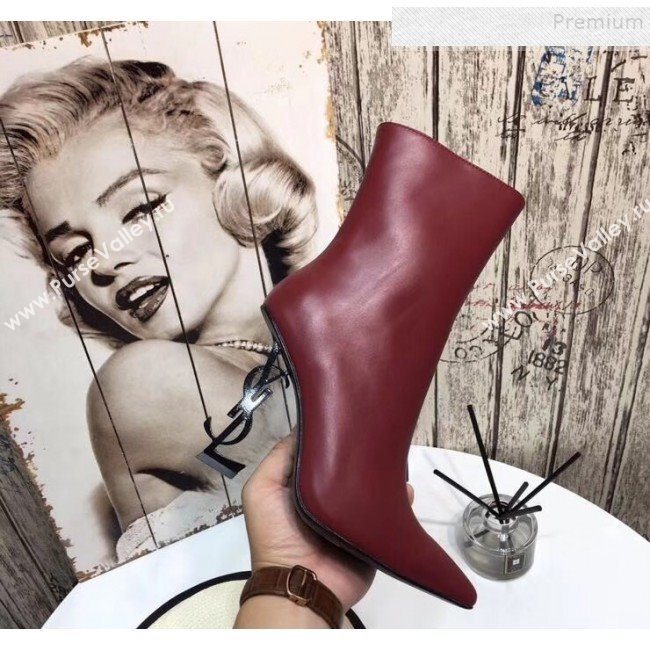 Saint Laurent Calfskin YSL Logo High-Heel Short Boots Burgundy 2019 (LUZI-9092945)