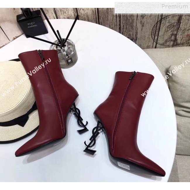 Saint Laurent Calfskin YSL Logo High-Heel Short Boots Burgundy 2019 (LUZI-9092945)