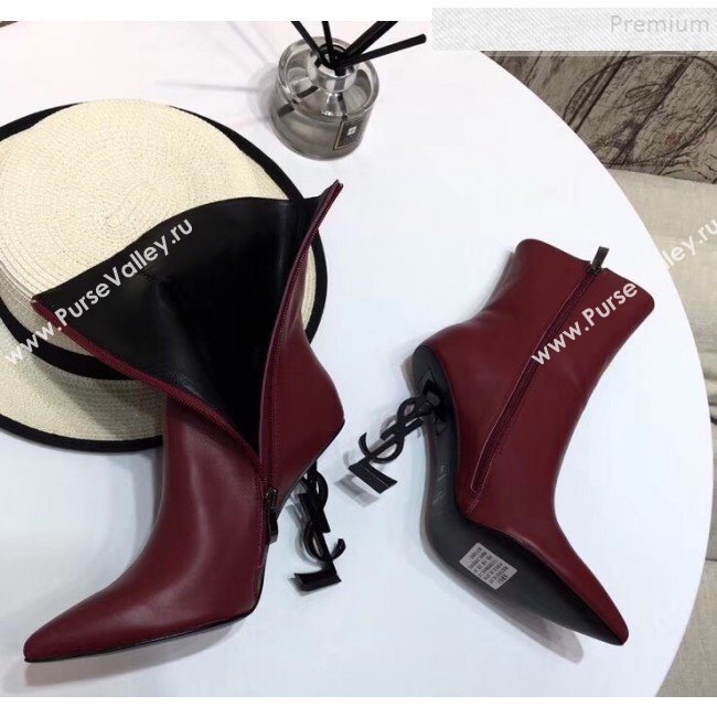 Saint Laurent Calfskin YSL Logo High-Heel Short Boots Burgundy 2019 (LUZI-9092945)