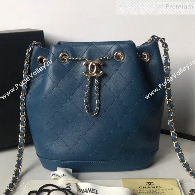 Chanel Quilted Leather Chain Drawstring Small Bucket Bag Blue 2019 (KAIS-9100711)