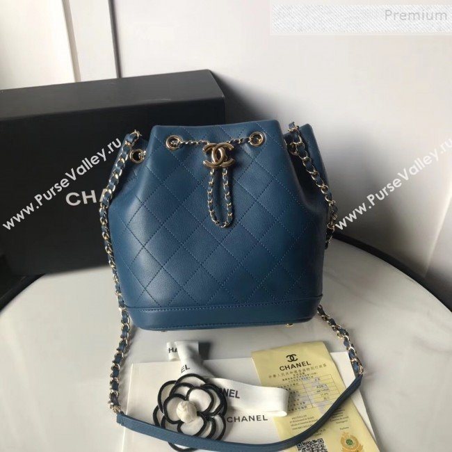 Chanel Quilted Leather Chain Drawstring Small Bucket Bag Blue 2019 (KAIS-9100711)