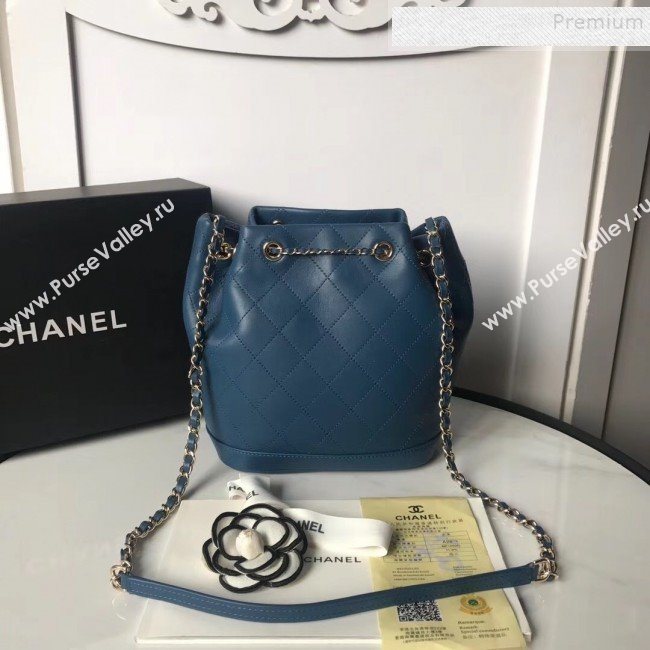 Chanel Quilted Leather Chain Drawstring Small Bucket Bag Blue 2019 (KAIS-9100711)