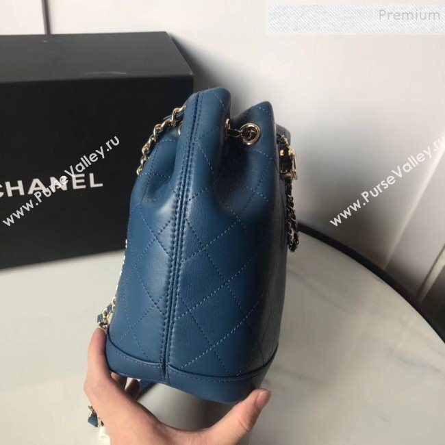 Chanel Quilted Leather Chain Drawstring Small Bucket Bag Blue 2019 (KAIS-9100711)