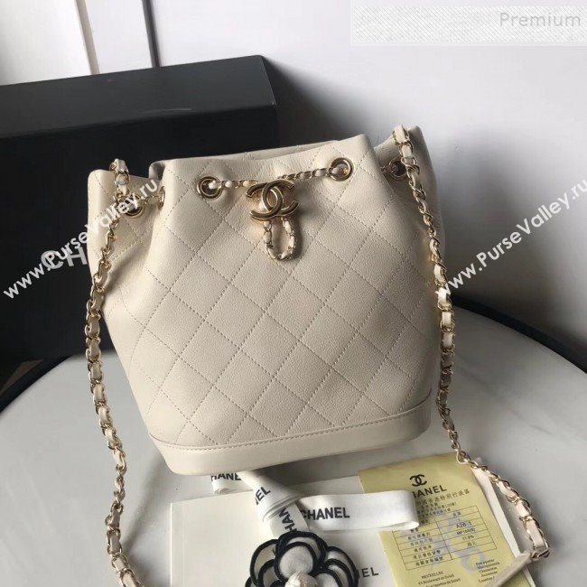 Chanel Quilted Leather Chain Drawstring Small Bucket Bag White 2019 (KAIS-9100710)