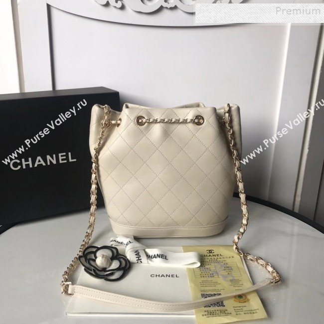 Chanel Quilted Leather Chain Drawstring Small Bucket Bag White 2019 (KAIS-9100710)