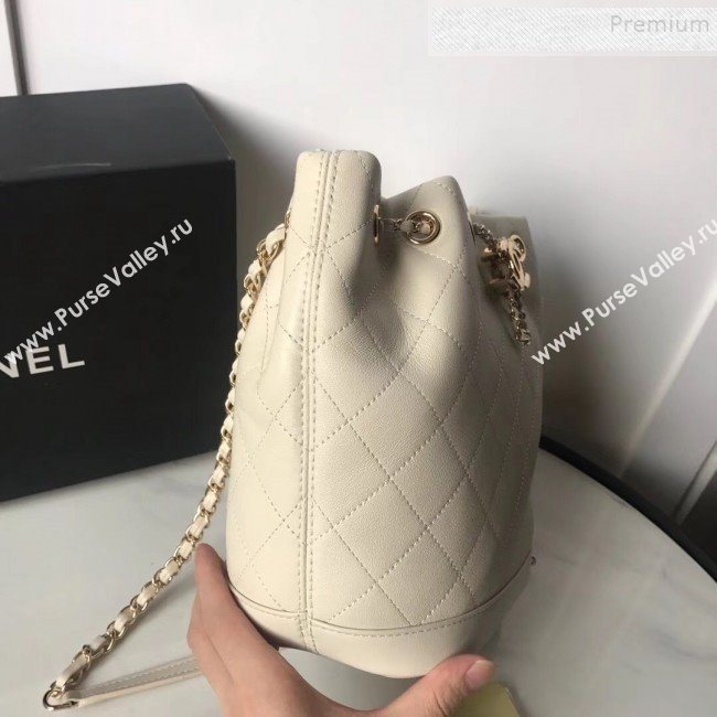 Chanel Quilted Leather Chain Drawstring Small Bucket Bag White 2019 (KAIS-9100710)