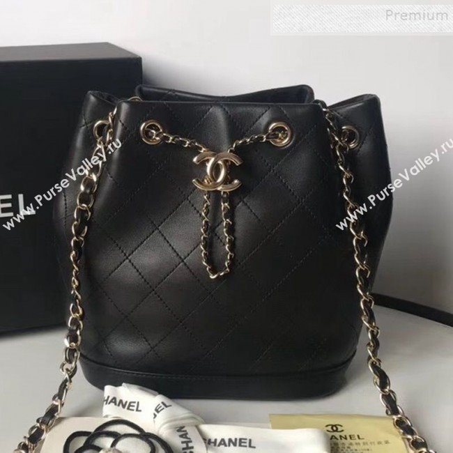 Chanel Quilted Leather Chain Drawstring Small Bucket Bag Black 2019 (KAIS-9100708)