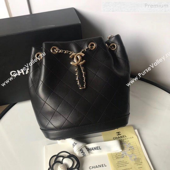 Chanel Quilted Leather Chain Drawstring Small Bucket Bag Black 2019 (KAIS-9100708)