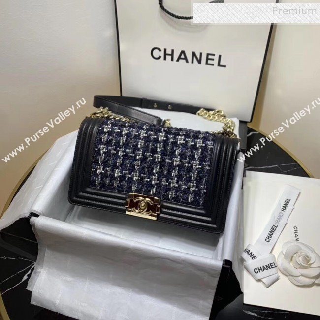 Chanel Tweed Medium Boy Flap Bag Black/White/Blue 2019 (KAIS-9100712)