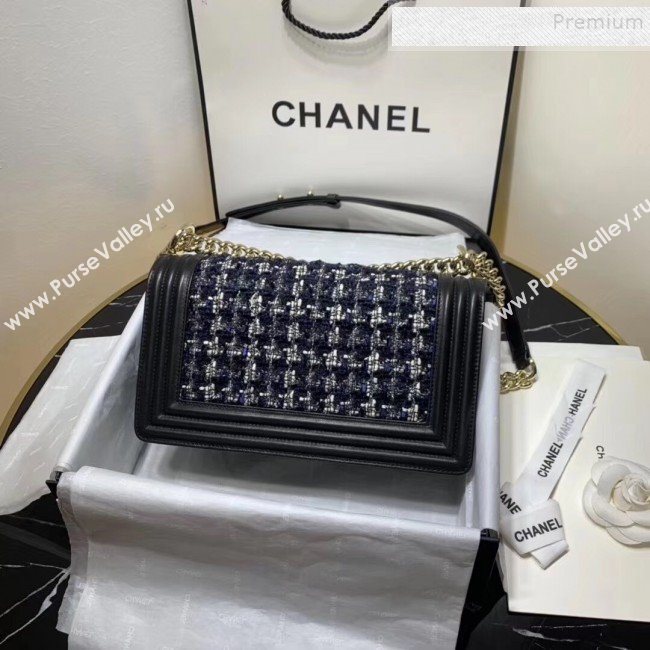 Chanel Tweed Medium Boy Flap Bag Black/White/Blue 2019 (KAIS-9100712)