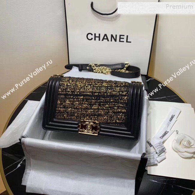 Chanel Tweed Medium Boy Flap Bag Black/Gold 2019 (KAIS-9100709)