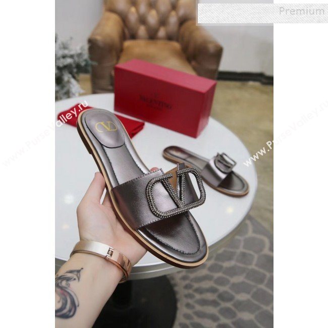 Valentino VLogo Calfskin Flat Slide Sandals Silver Grey 2019 (MD-9101051)