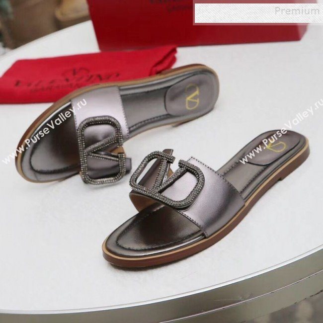 Valentino VLogo Calfskin Flat Slide Sandals Silver Grey 2019 (MD-9101051)