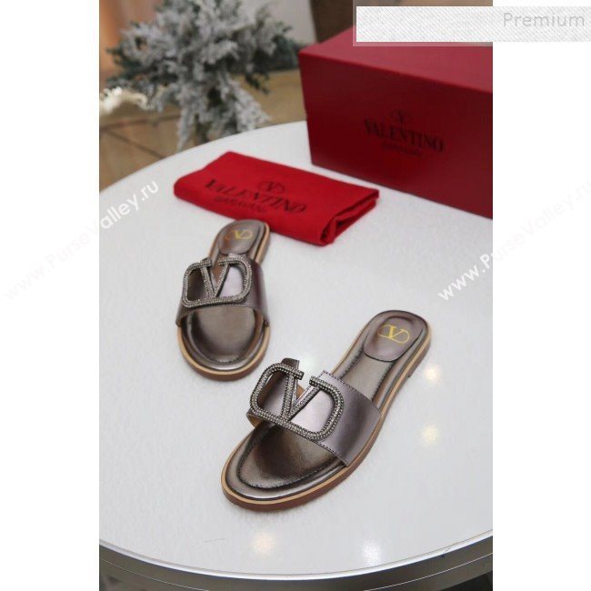 Valentino VLogo Calfskin Flat Slide Sandals Silver Grey 2019 (MD-9101051)