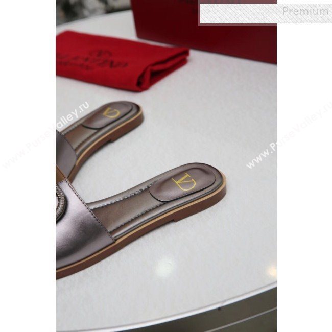 Valentino VLogo Calfskin Flat Slide Sandals Silver Grey 2019 (MD-9101051)