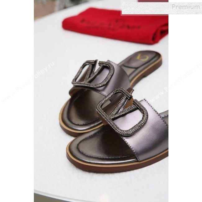 Valentino VLogo Calfskin Flat Slide Sandals Silver Grey 2019 (MD-9101051)