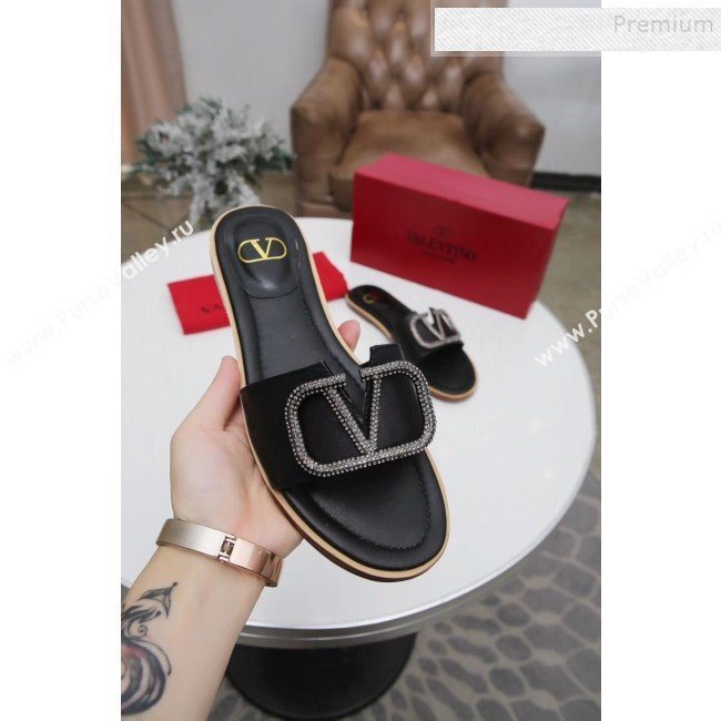 Valentino VLogo Calfskin Flat Slide Sandals Black 2019 (MD-9101053)