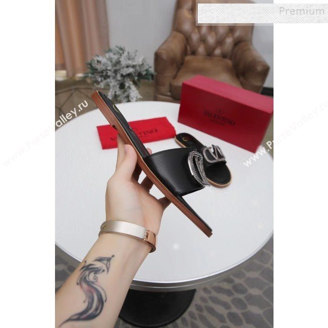 Valentino VLogo Calfskin Flat Slide Sandals Black 2019 (MD-9101053)