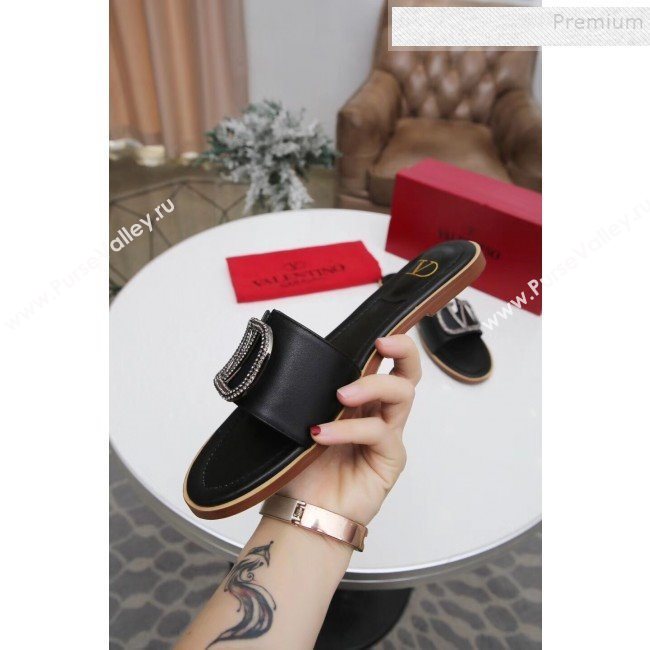Valentino VLogo Calfskin Flat Slide Sandals Black 2019 (MD-9101053)
