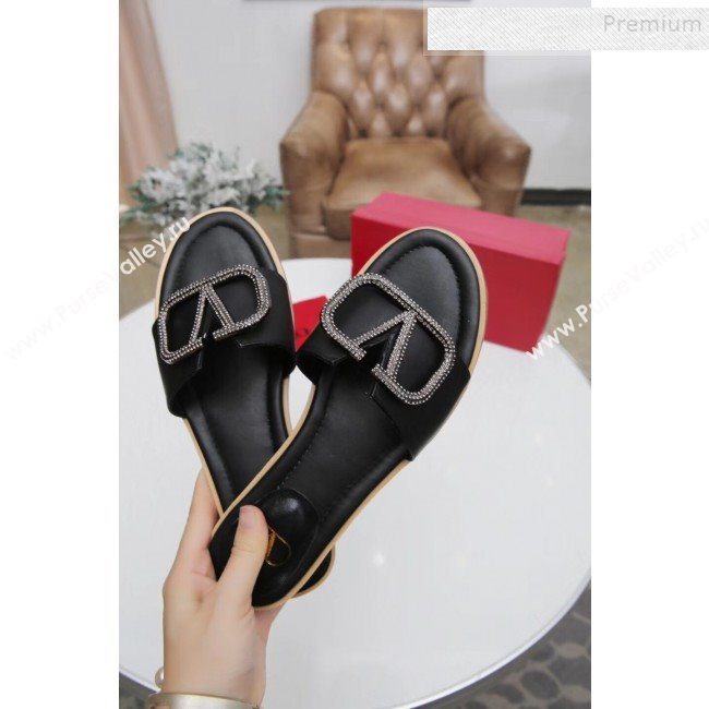 Valentino VLogo Calfskin Flat Slide Sandals Black 2019 (MD-9101053)