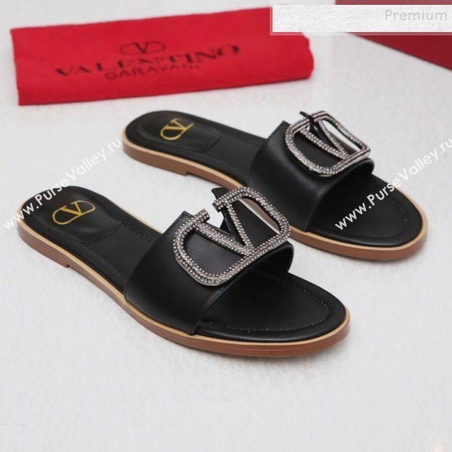 Valentino VLogo Calfskin Flat Slide Sandals Black 2019 (MD-9101053)