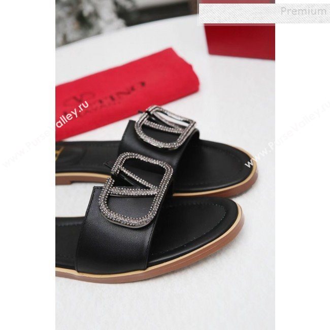 Valentino VLogo Calfskin Flat Slide Sandals Black 2019 (MD-9101053)