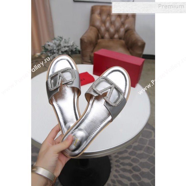 Valentino VLogo Calfskin Flat Slide Sandals Silver White 2019 (MD-9101052)