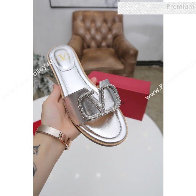 Valentino VLogo Calfskin Flat Slide Sandals Silver White 2019 (MD-9101052)